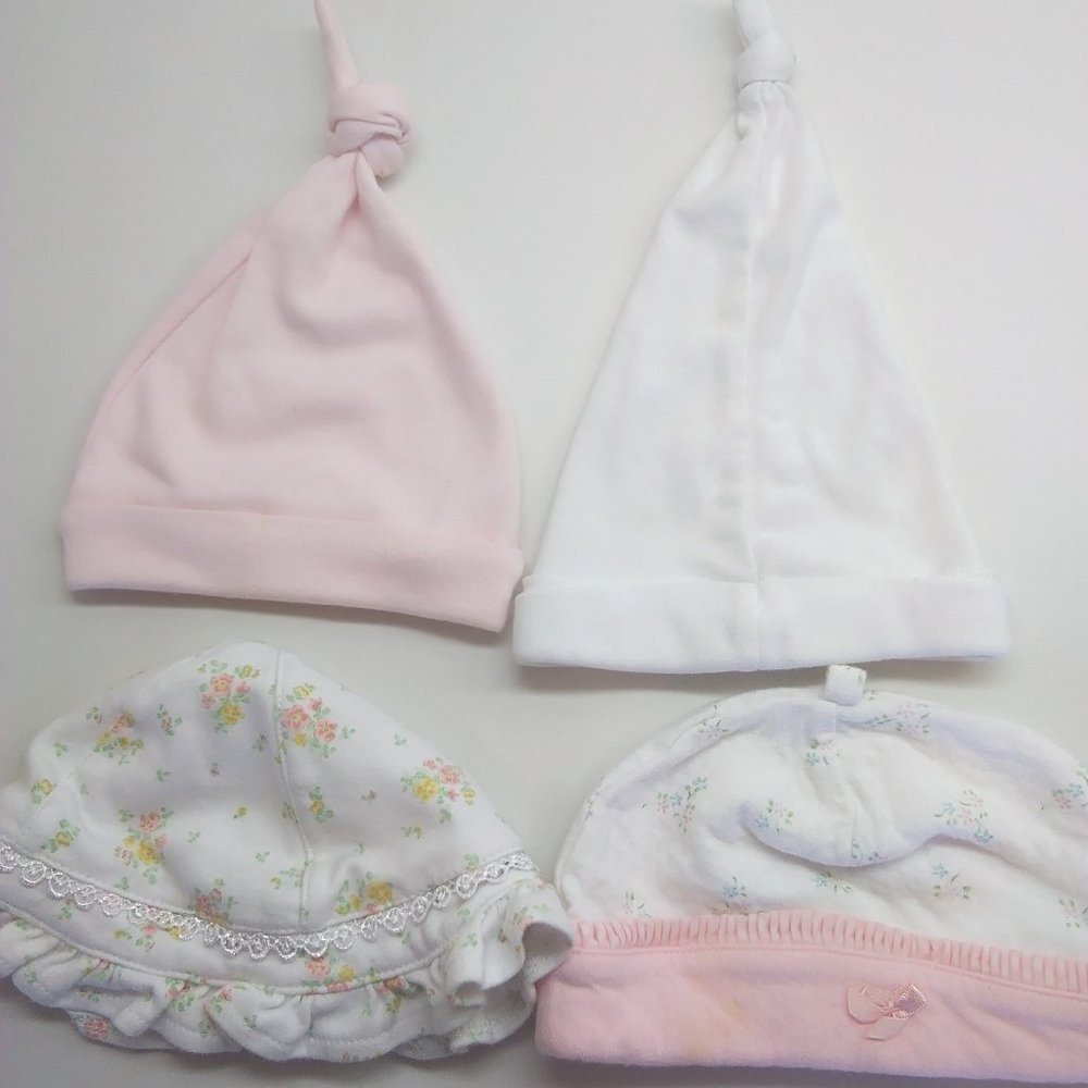 4 Pink, White, and Yellow Newborn Knit Caps